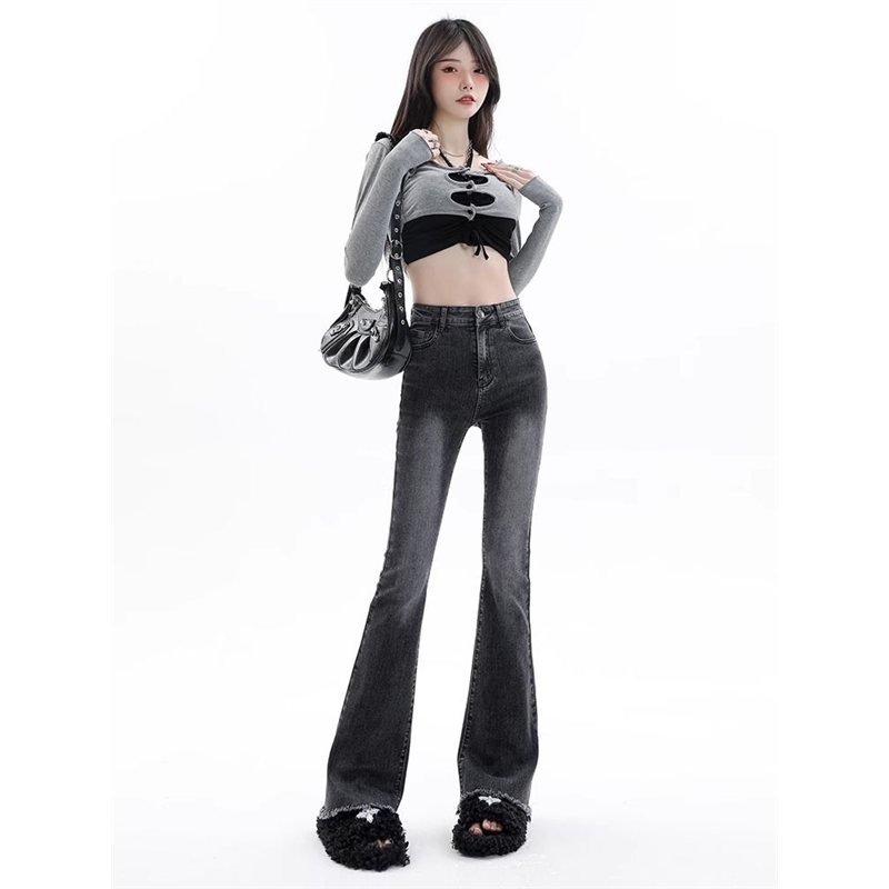 黑灰色加绒微喇叭牛仔裤女2026新款高腰显瘦小个子毛边加长马蹄裤