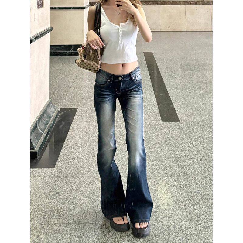 美式高街设计感低腰微喇牛仔裤女修身显瘦高个子加长辣妹拖地裤子