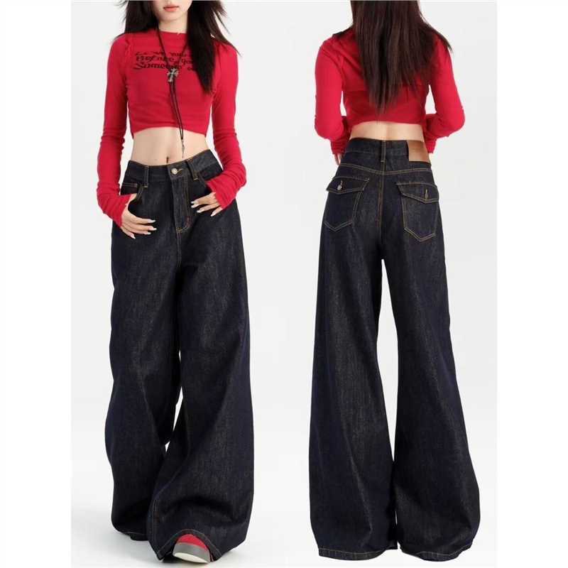 美式深蓝色阔腿牛仔裤女春季新款高腰辣妹宽松慵懒垂感拖地直筒裤