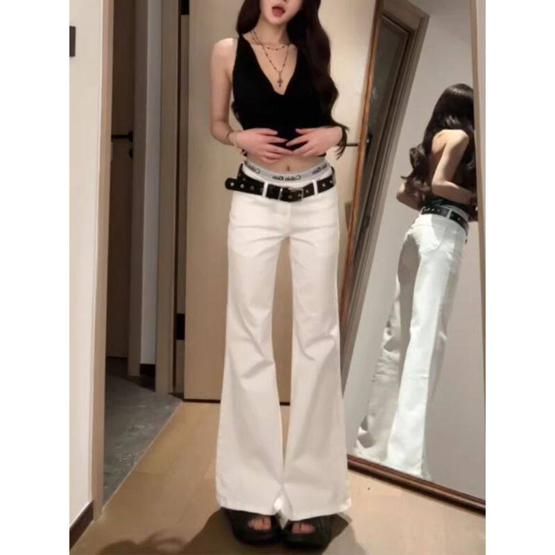 美式vintage白色低腰微喇牛仔裤女宽松显瘦辣妹高个子加长拖地裤
