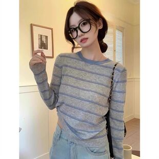 撞色圆领条纹长袖针织衫女内搭打底衫薄款洋气设计感小众春季上衣