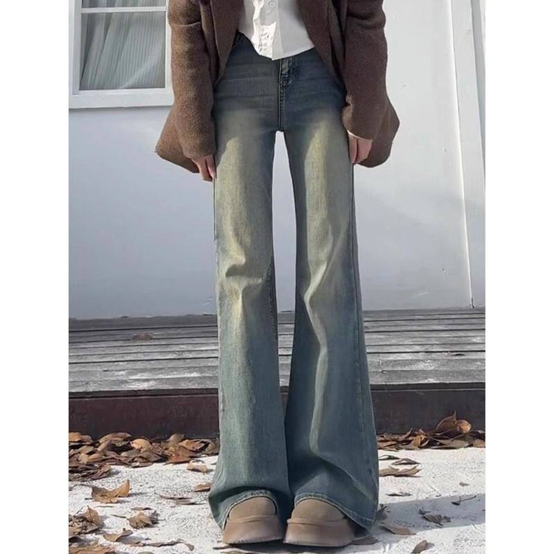 复古蓝微喇牛仔裤女春季新款大码胖mm高腰显瘦弹力梨形身材喇叭裤