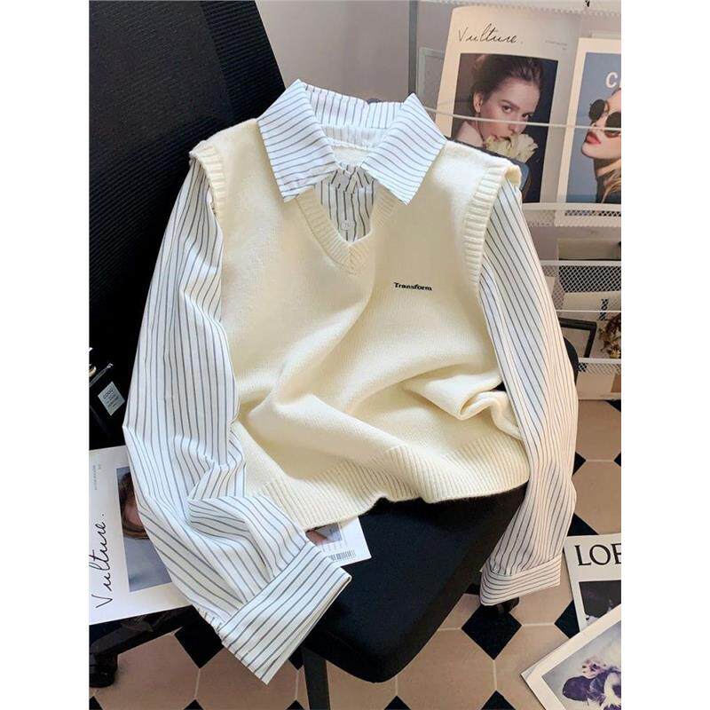 2025早春新款条纹假两件拼接衬衫女韩系内搭叠穿针织马甲上衣外穿