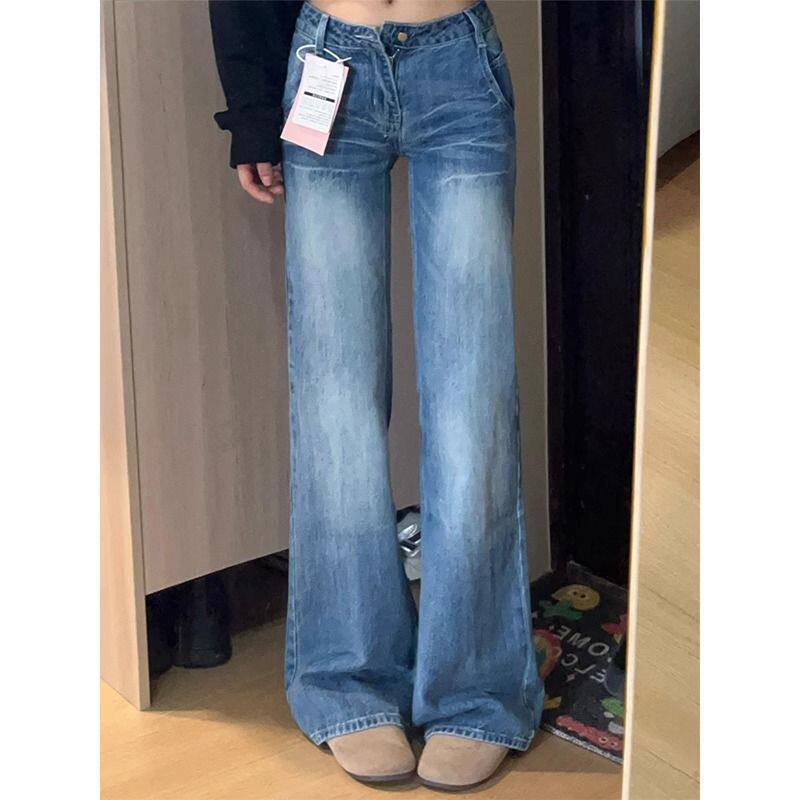 复古蓝不贴腿微喇牛仔裤女2026春季新款高腰宽松显瘦喇叭拖地裤子