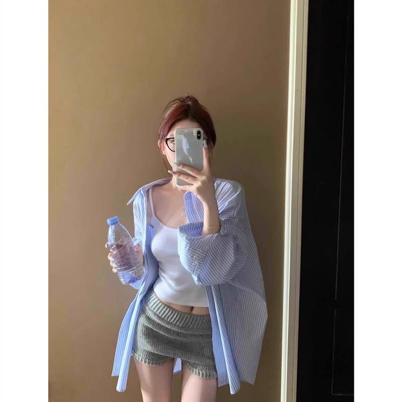 条纹度假休闲长袖衬衫女春夏慵懒风宽松海边上衣防晒蓝色衬衣外套