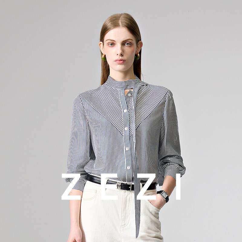 zezi莱赛尔天丝飘带条纹衬衫女衬衣春夏新款优雅休闲通勤显瘦上衣