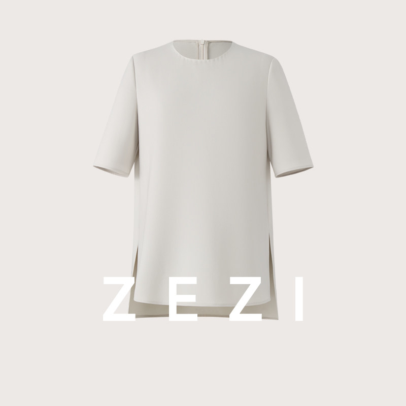 zezi三醋酯侧开叉T恤夏新款圆领短袖时尚气质女装休闲通勤上衣