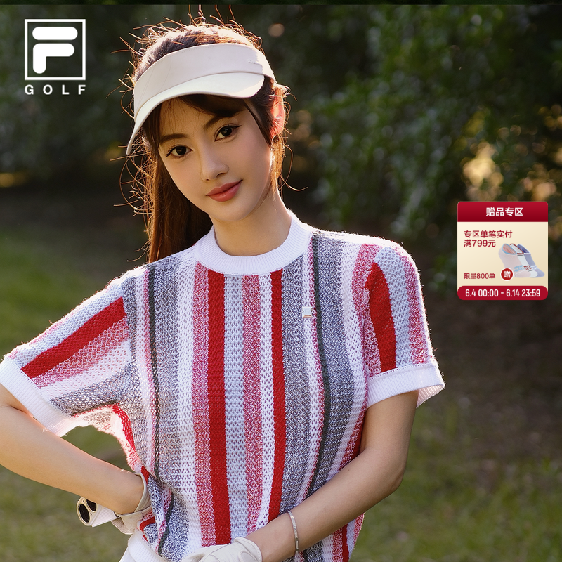 FILA 斐乐高尔夫官方女士短袖T恤2026秋季新款多彩编织衫运动上衣