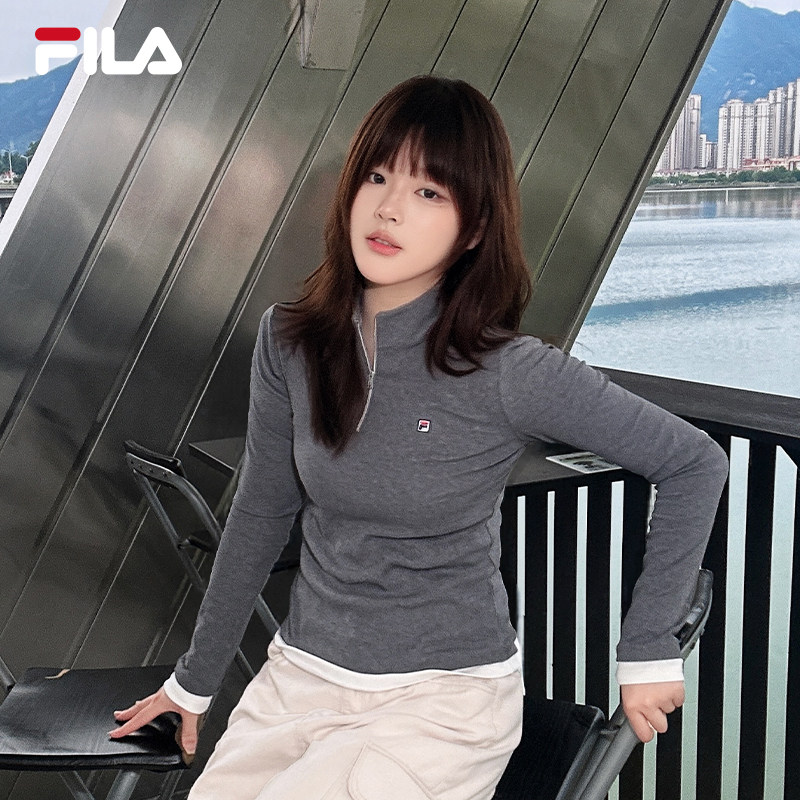 FILA 斐乐官方女士圆领长袖T恤冬季半拉链跑步休闲修身运动上衣