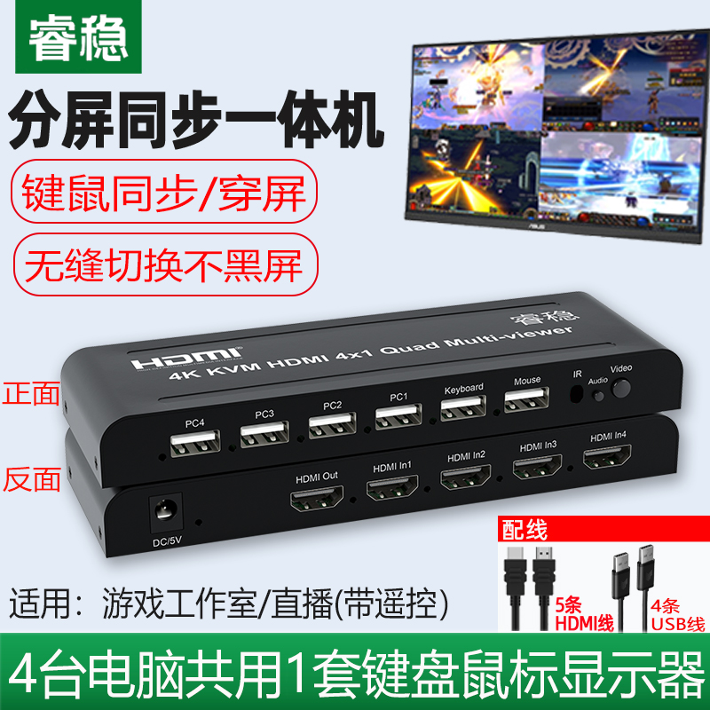 睿稳分屏器同步器HDMIKVM4进1出