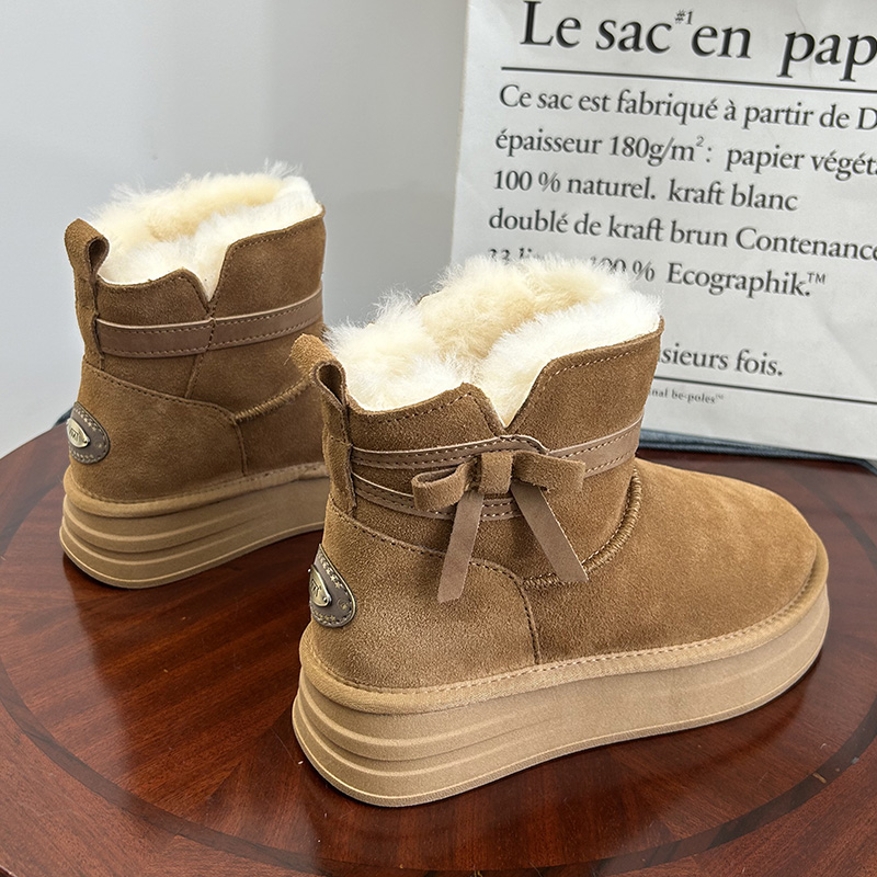 冬季2024新款宋妍霏同款蝴蝶结皮毛一体雪地靴女羊毛短筒厚底棉鞋