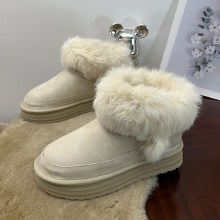 兔毛防水真皮短靴子东北防滑棉鞋 冬季 全羊毛皮面雪地靴女2025新款