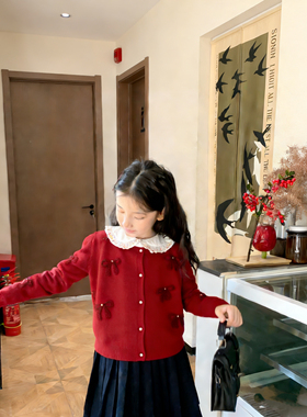 女宝女童毛衣开衫秋冬新款精致珍珠蝴蝶结小香风红色高级感针织衫