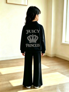 JC高端款藏青色套装女童棉质天鹅绒大精致烫钻两件套运动服可亲子
