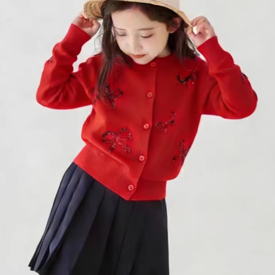 儿童女童毛衣开衫秋冬新款精致亮片蝴蝶结小香风红色高级感针织衫