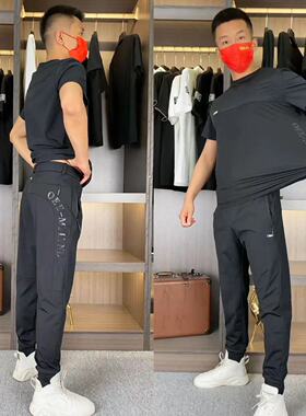 T018夏季男士冰丝短袖套装高弹力轻薄牛奶丝夏装清凉运动两件套男