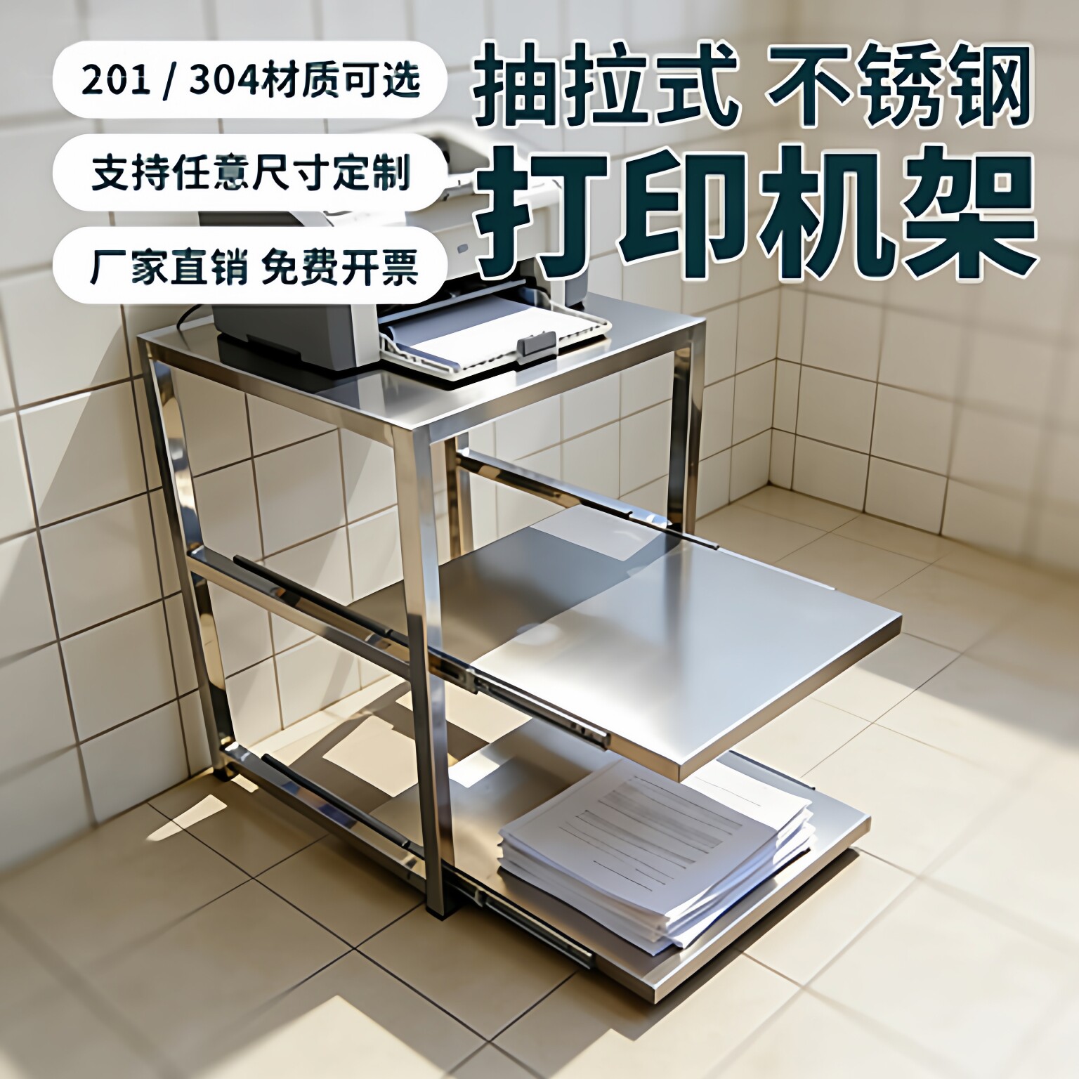 不锈钢定制304打印机支架加厚可抽拉式钢板多层置物架层面收纳架