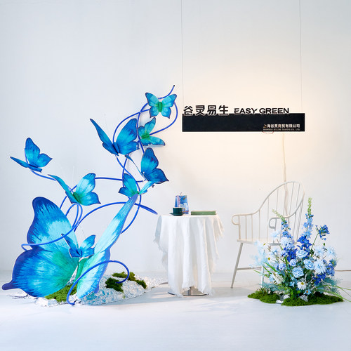蓝色仿真花网红打卡造景eva大型蝴蝶装饰美容院橱窗美陈场景布置