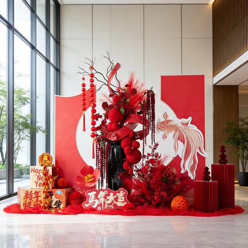 春节氛围场景布置中式店铺新年装饰品红色仿真花艺摆件售楼处美陈