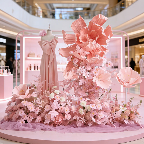 粉色仿真花服装店橱窗造景
