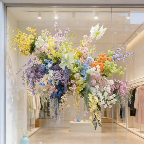 仿真花服装店橱窗装饰场景布置