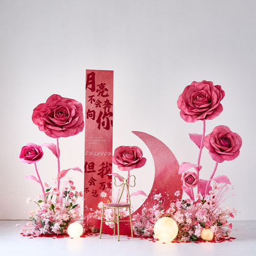 粉色仿真花造景玫瑰花假花装饰摆件拍照道具高档大型花艺场景布置