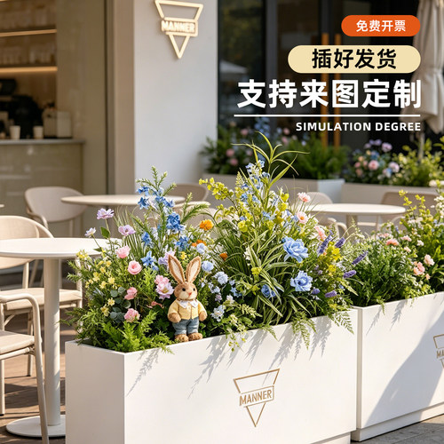 蓝色假花拍照道具花箱隔断摆件