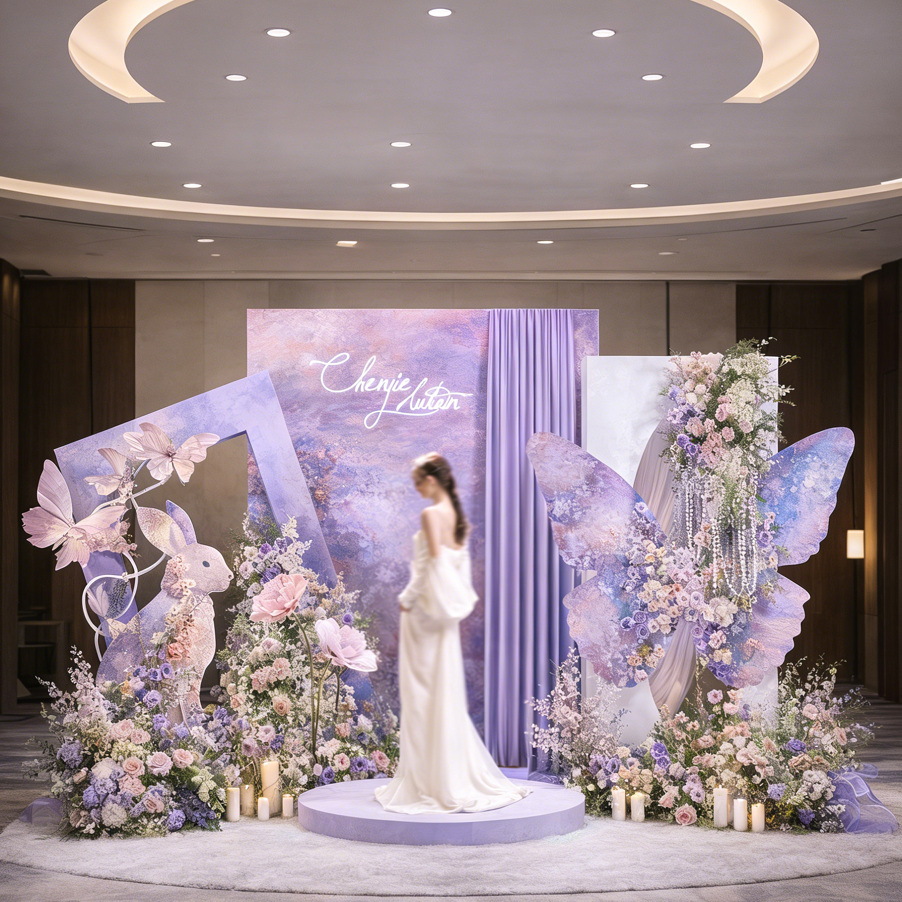 订婚kt背景板高级仿真花摆设轻奢紫色蝴蝶装饰布置背景花艺摆件