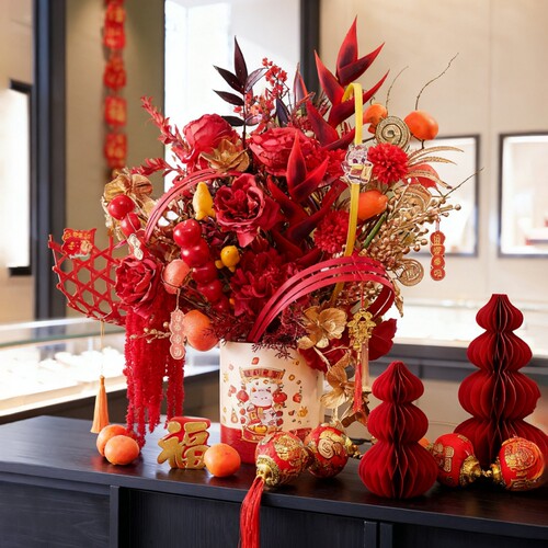 春节迎新氛围布置公司前台新年装饰年宵花过马年花束仿真花艺摆件