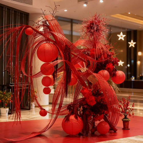 春节跨新年氛围布置商场酒店仿真花造景2026贺年装饰背景拍照道具