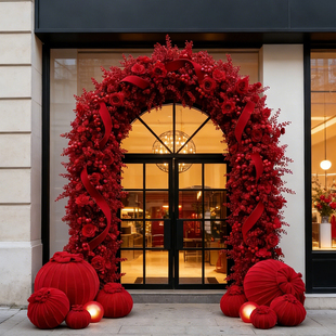 马年装饰场景布置店铺门头红色拱门仿真花网红打卡造景过新年美陈