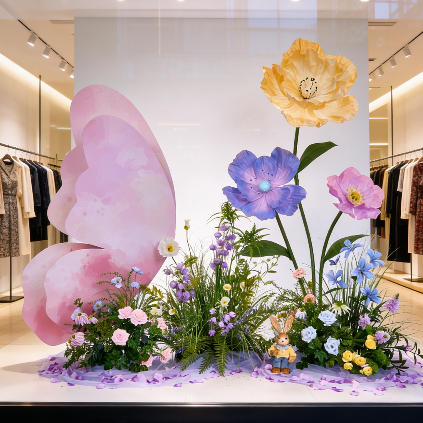 女服装店铺橱窗装饰场景布置纸艺花仿真蝴蝶网红打卡造景春天美陈