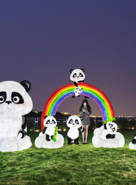 网红打卡通熊猫雕塑彩虹秋千景区拍照幼儿园商场发光美陈装饰摆件