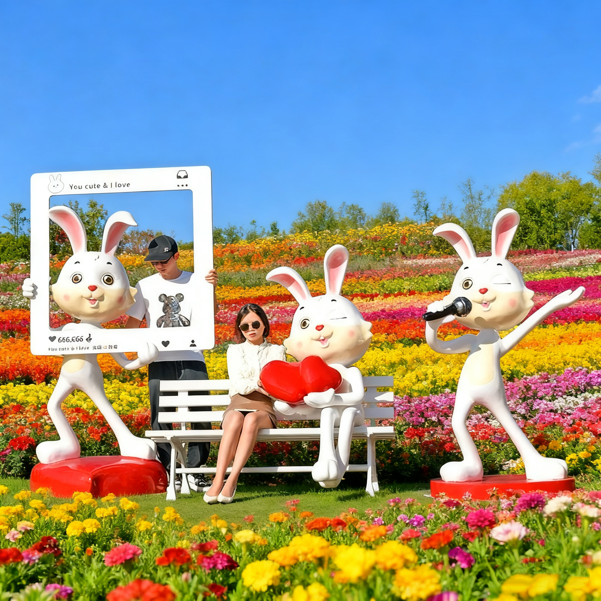 卡通玻璃钢兔子座椅相框动物雕塑网红打卡花海婚礼造景装饰大摆件