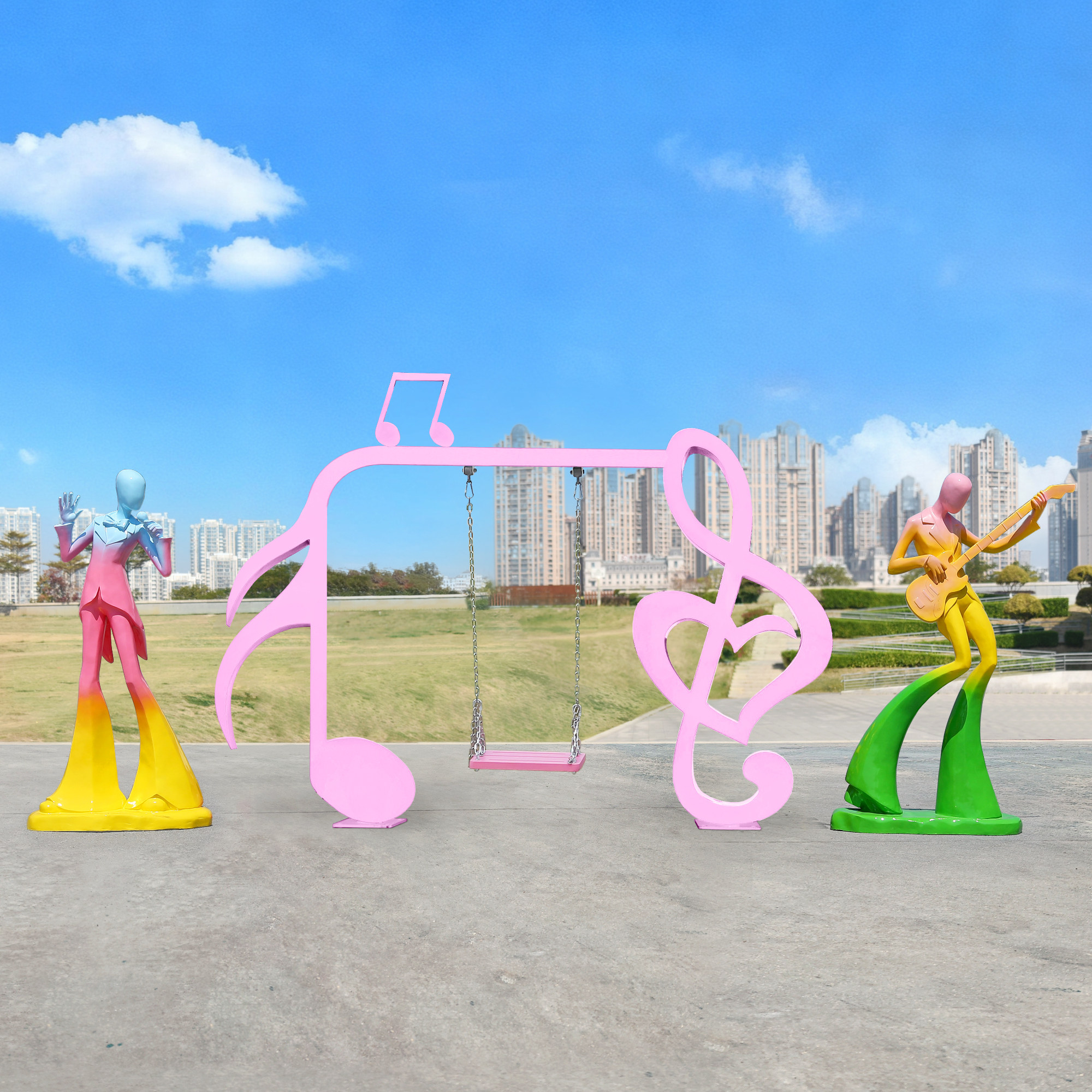 户外网红打卡音符秋千玻璃钢人物雕塑公园景区音乐主题露营地摆件