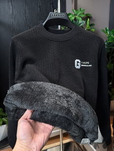 加绒重磅针织卫衣男一体长毛绒黑色圆领刺绣保暖上衣冬季加厚毛衣
