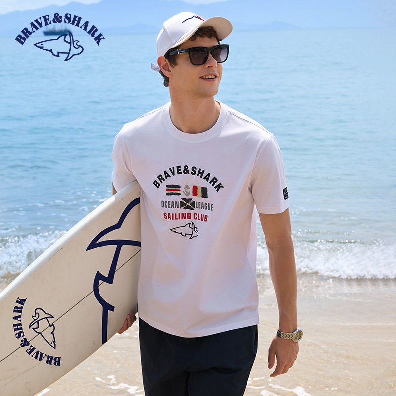 BRAVE&SHARK/勇士鲨鱼男装2025夏季新款休闲经典圆领字母短袖T恤