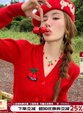 CLOUDSEASON樱桃针织开衫短款小个子显瘦百搭红色毛衣女2025新款