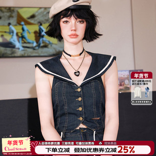 CLOUDSEASON海军领牛仔马甲2026新款女式无袖夏季薄款小个子短款