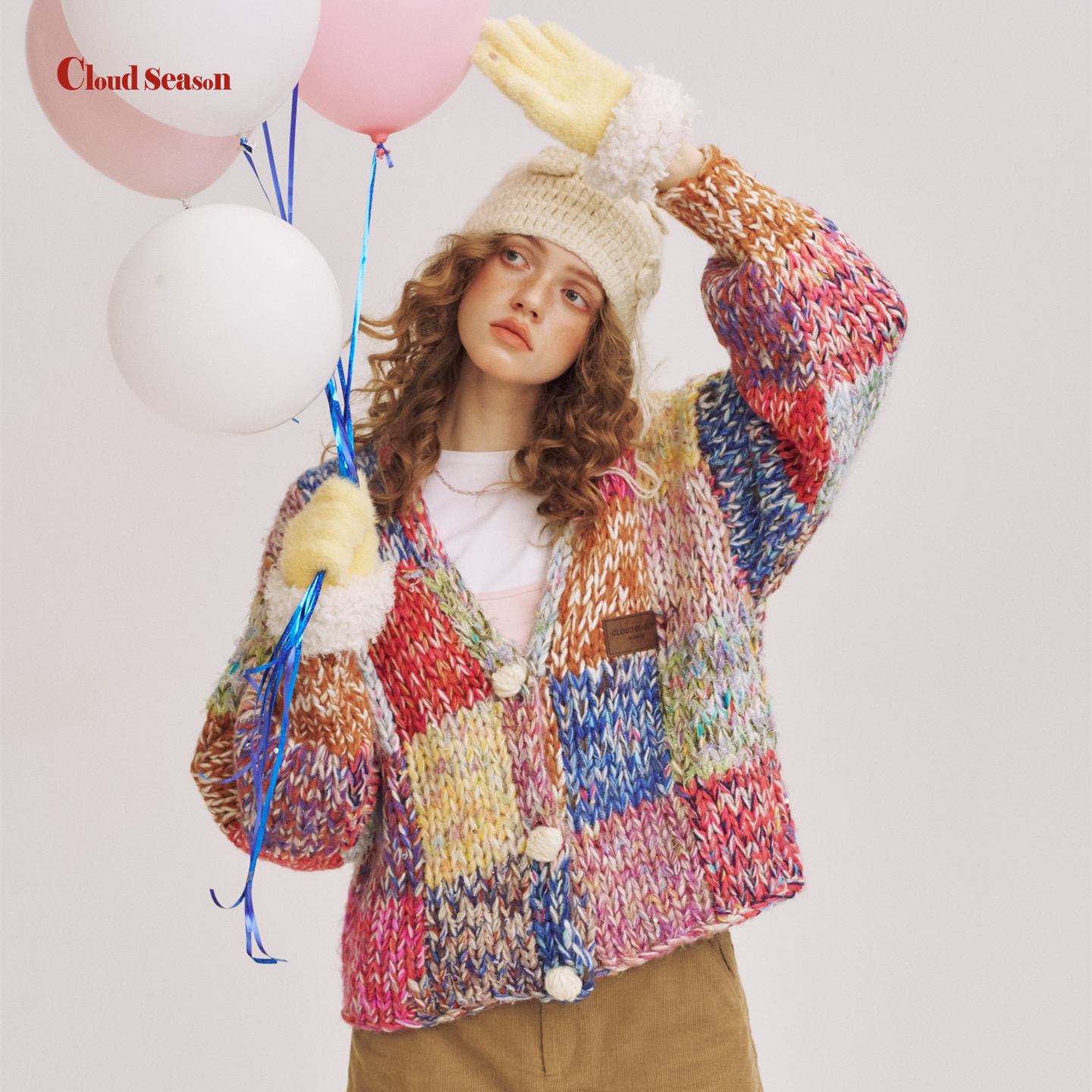 CLOUDSEASON 手钩毛衣彩虹渐变针织开衫外套慵懒毛线衣冬季外穿