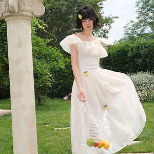 CLOUDSEASON一字肩连衣裙女白色高腰显瘦锁骨法式夏季甜美高级感