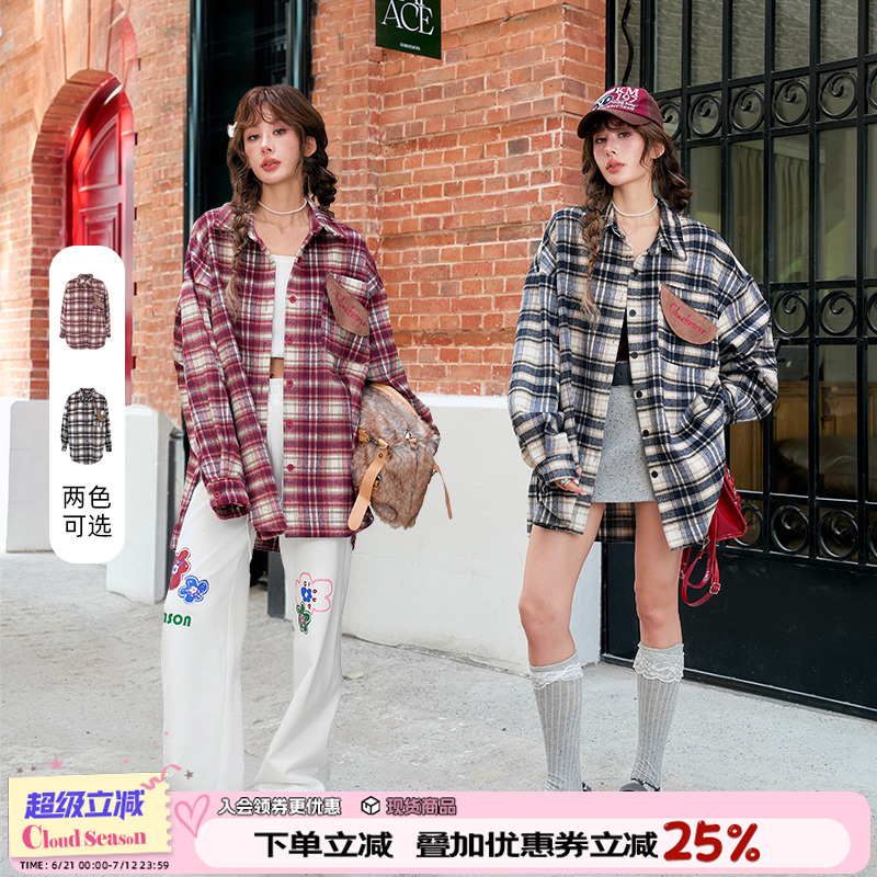 Cloudseason 格子衬衫长袖衬衫女2025春秋女宽松加绒男女同款外套