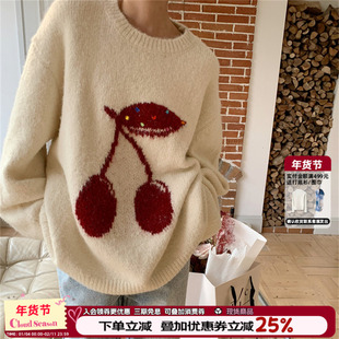 CLOUDSEASON红色羊毛毛衣内搭春秋圆领套头上衣女宽松新年氛围感