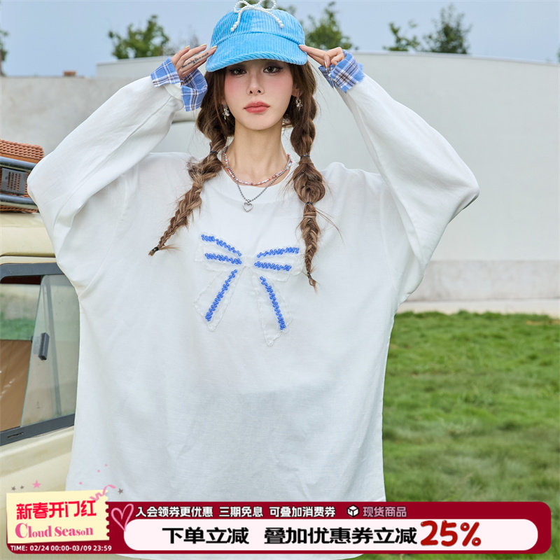 CLOUDSEASON串珠蝴蝶结T恤  早春新款长袖上衣女修身设计感小众女