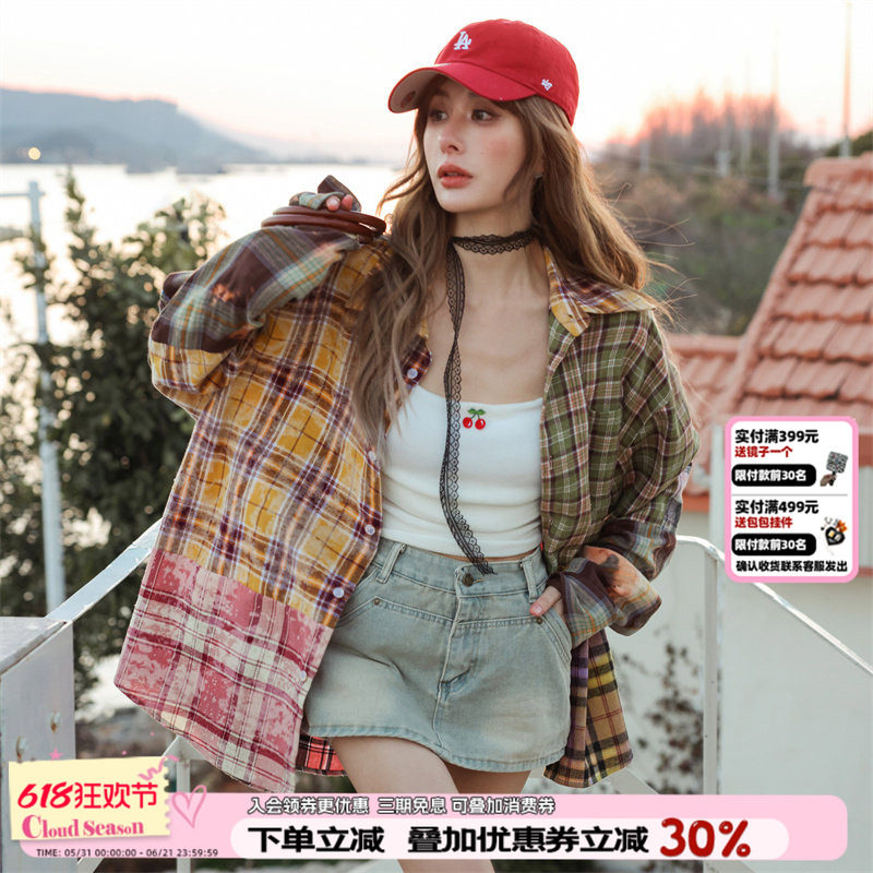 CLOUDSEASON彩色拼接格子衬衫时尚设计感外搭初春宽松上衣女