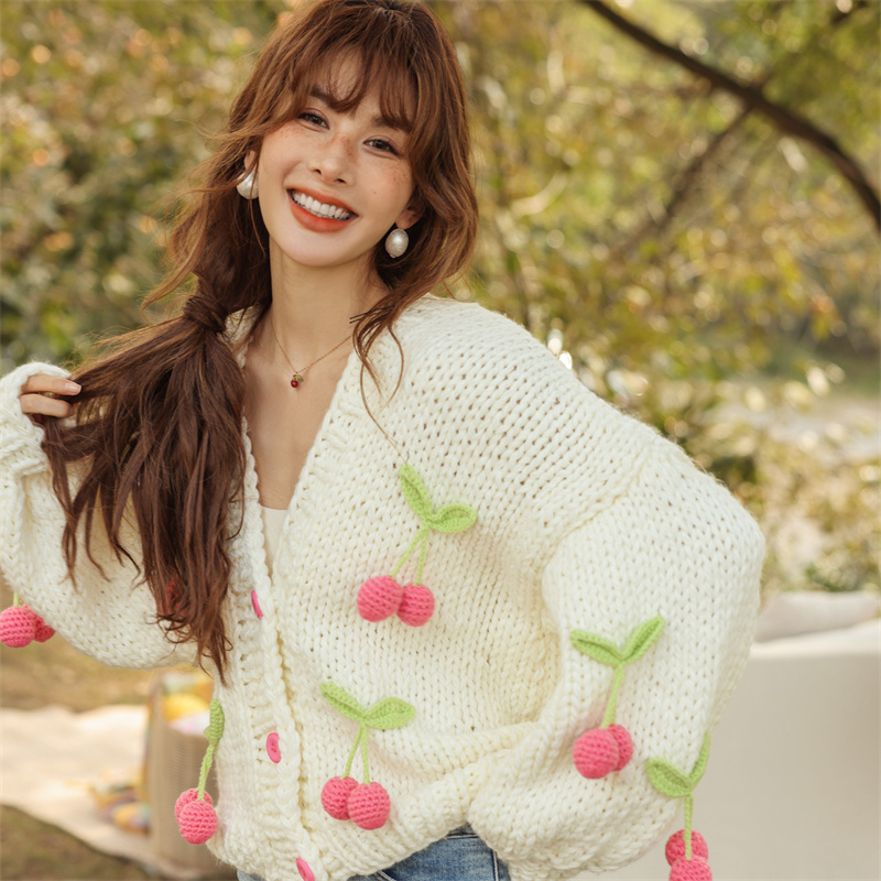 CLOUDSEASON手勾粉色樱桃开衫