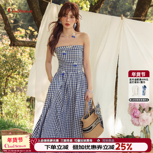 蓓蓓同款CLOUDSEASON樱桃格子抹胸连衣裙长款蓝色高腰高级感A字裙