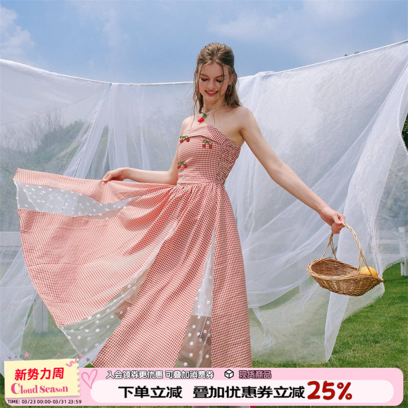 CLOUDSEASON甜美蕾丝格子抹胸裙  吊带连衣裙  2026超火连衣裙