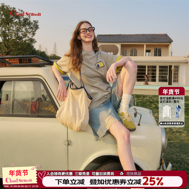 CLOUDSEASON猫猫头撞色短袖女t恤夏2026新款短袖女设计感小众,女装/女士精品,T恤,淘宝优惠券,粉丝福利购,淘宝优惠卷