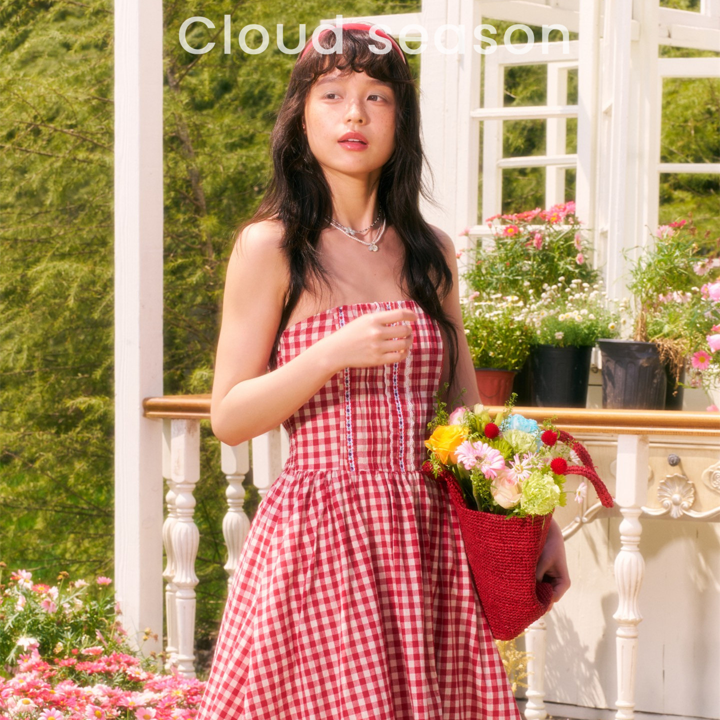 CLOUDSEASON草莓甜心格子抹胸连衣裙女夏红色长裙小个子新款裙子